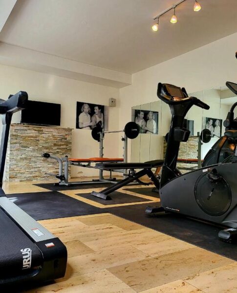 Der Fitnessraum mit Spiegeln und Laufbändern im Arthotel ANA Style