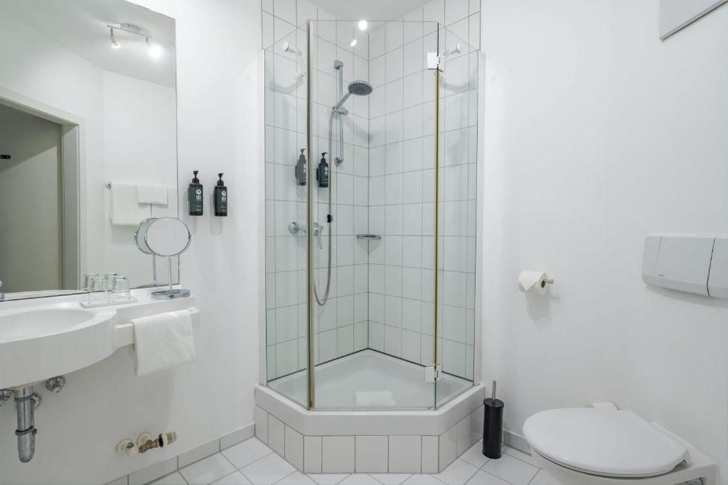 Die Dusche und die Toilette eines Badezimmers im Aspire Kronprinz 