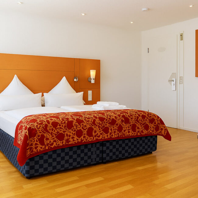 Ein Doppelzimmer mit Bett und Nachttischen im Bodensee Hotel Kreuz